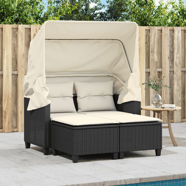 vidaXL Garden Sofa Black PE Rattan 2-Seater Adjustable Armrests