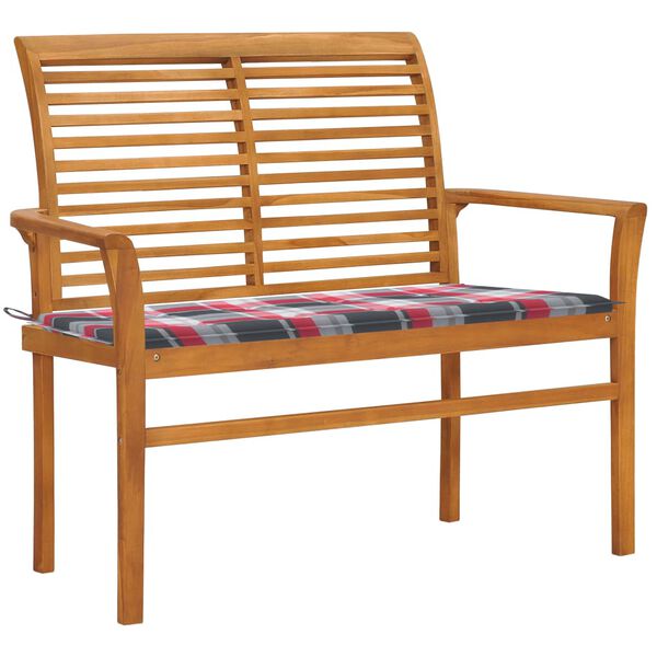 vidaXL Patio Bench Red Check Pattern Cushion 44.1 " Solid Teak Wood