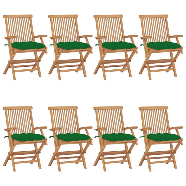 vidaXL Patio Chair Set of 8 Green, Brown Solid Teak Wood, 100% Polyester