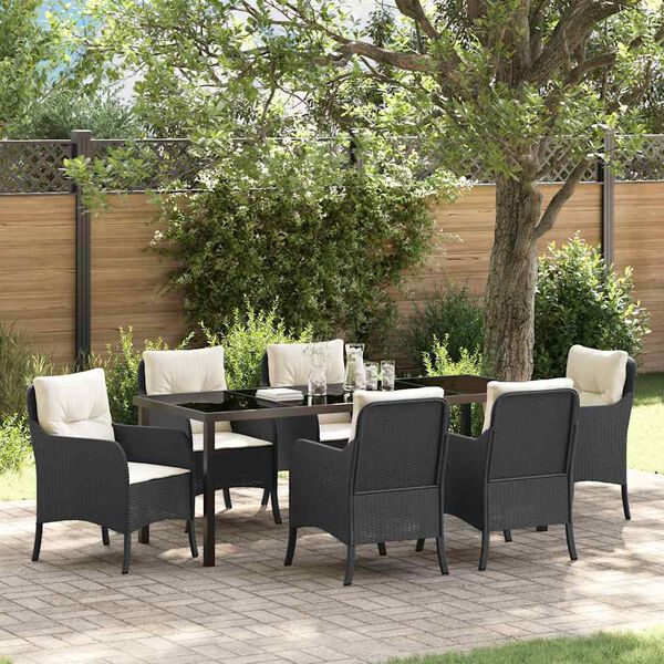 vidaXL Garden Dining Set with Cushion 7 pcs Black Poly Rattan