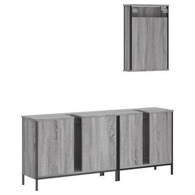 Long bathroom vanity with multiple cabinet doors; some parts separated in the image.