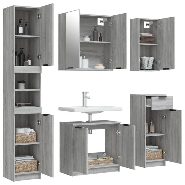 vidaXL Bathroom Furniture Set Grey sonoma Engineered wood, Glass Tall