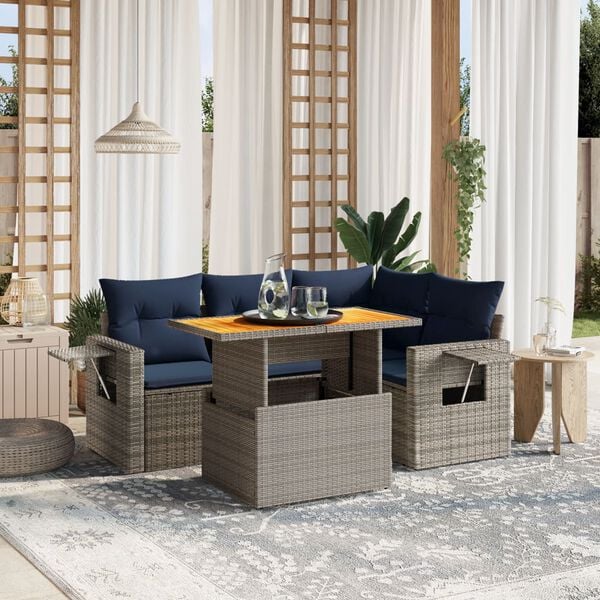 vidaXL 5 Piece Patio Sofa Set with Cushions Gray Poly Rattan