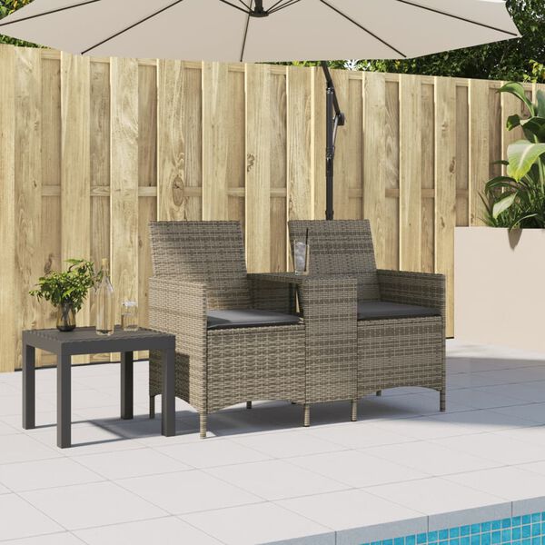 vidaXL Patio Sofa 2-Seater with Table and Cushions Grey Poly Rattan