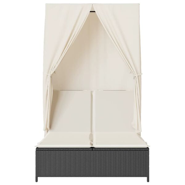 vidaXL Double Sun Lounger with Roof and Curtains Black Poly Rattan