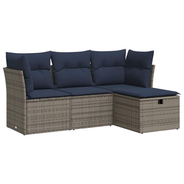 vidaXL 4 Piece Patio Sofa Set with Cushions Gray Poly Rattan
