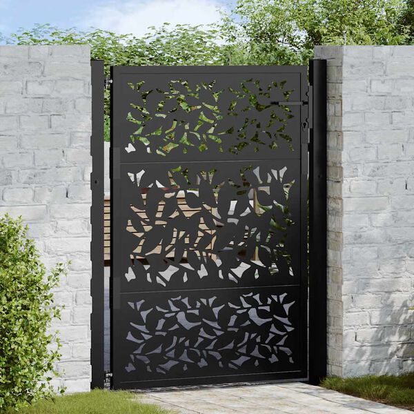 vidaXL Garden Gate Black 39.4x49.2" Steel Leaf Design