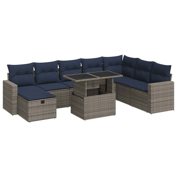 vidaXL 9 Piece Patio Sofa Set with Cushions Grey Poly Rattan