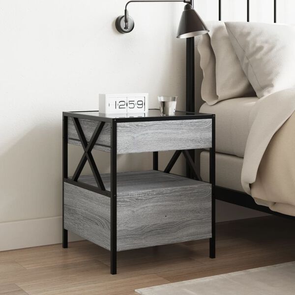 vidaXL Bedside Table Grey Sonoma Engineered wood, glass, steel