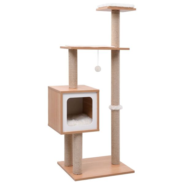 vidaXL Cat Tree Brown, White Wood, MDF, veneer, sisal, jute, faux fur