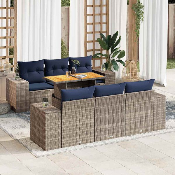 vidaXL 7 Piece Patio Sofa Set with Cushions Gray Poly Rattan