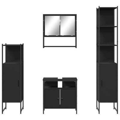 Floating bathroom vanity set with mirror medicine cabinet and tall cabinet in black.