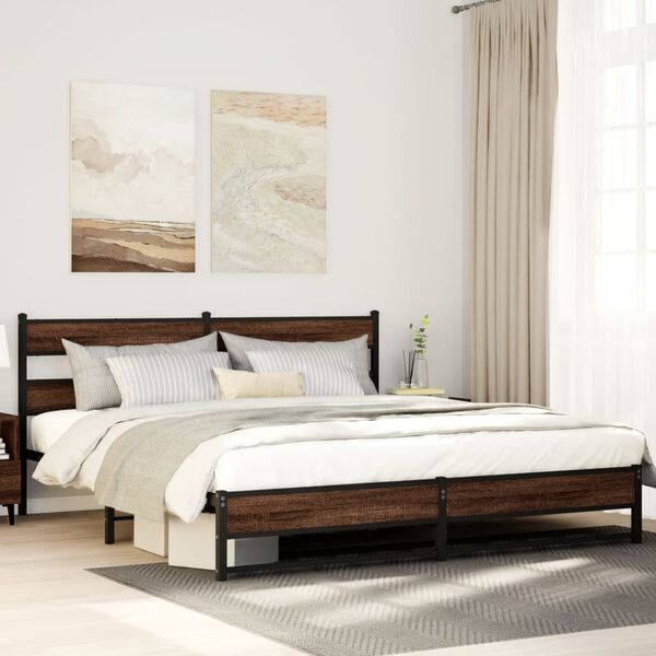 vidaXL Bed Frame Brown Oak Steel, Engineered Wood Double Bed Frame