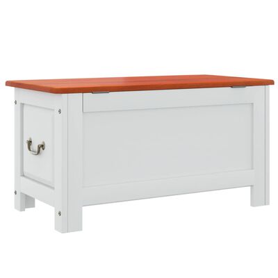 White storage bench with copper top, back panel and side drawer visible.