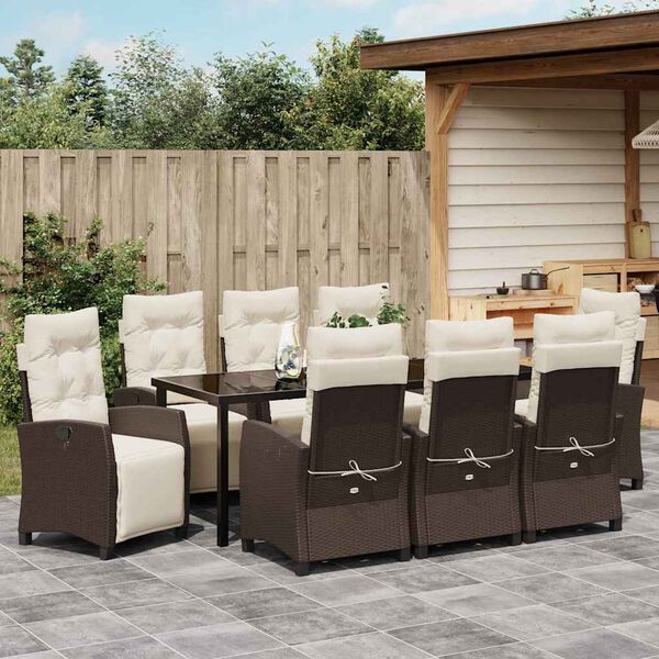 vidaXL Garden Dining Set with Cushion 9 pcs Brown Poly Rattan