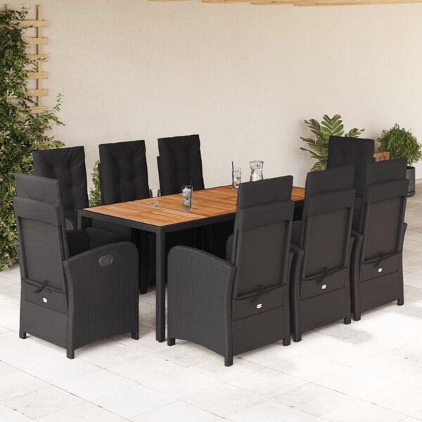 vidaXL 9 Piece Patio Dining Set with Cushions Black Poly Rattan