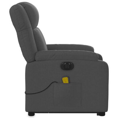 Side profile of grey recliner showing compact arm and chair depth.
