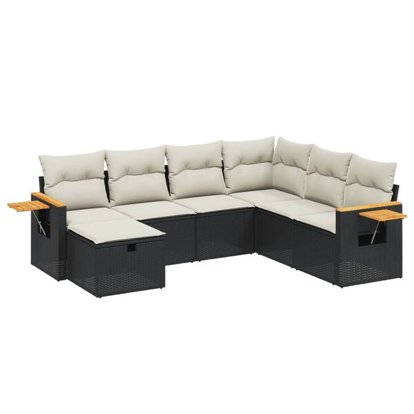 vidaXL Garden Sofa Set Black and Cream White PE Rattan 7-Piece Modular