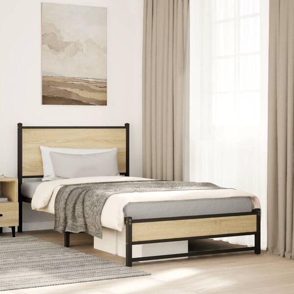 vidaXL Bed Frame Sonoma Oak Steel, Engineered Wood Single Bed Frame