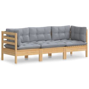 vidaXL 3-seater Garden Sofa Grey Cushion, Pine Wood