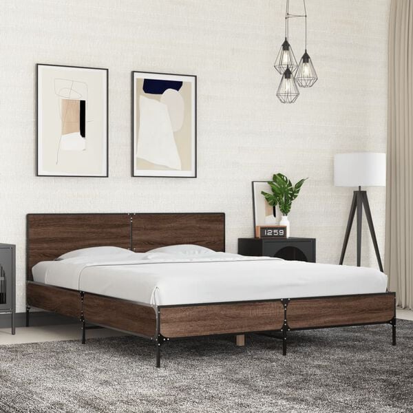 vidaXL Bed Frame Brown Oak Engineered Wood, Metal King Size Bed Frame