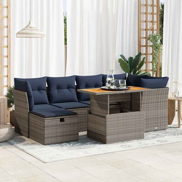 vidaXL 7 Piece Patio Sofa Set with Cushions Black Poly Rattan Acacia