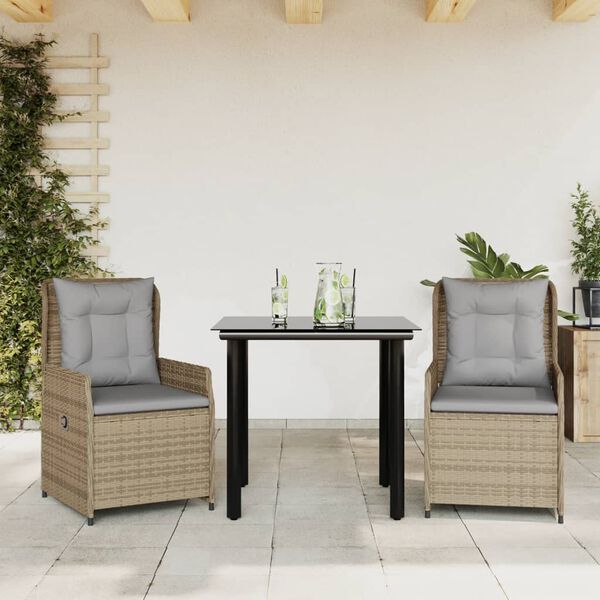vidaXL 3 Piece Patio Dining Set with Cushions Beige Poly Rattan