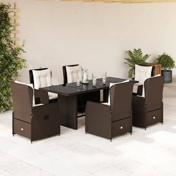 vidaXL 7 Piece Patio Dining Set with Cushions Brown Poly Rattan