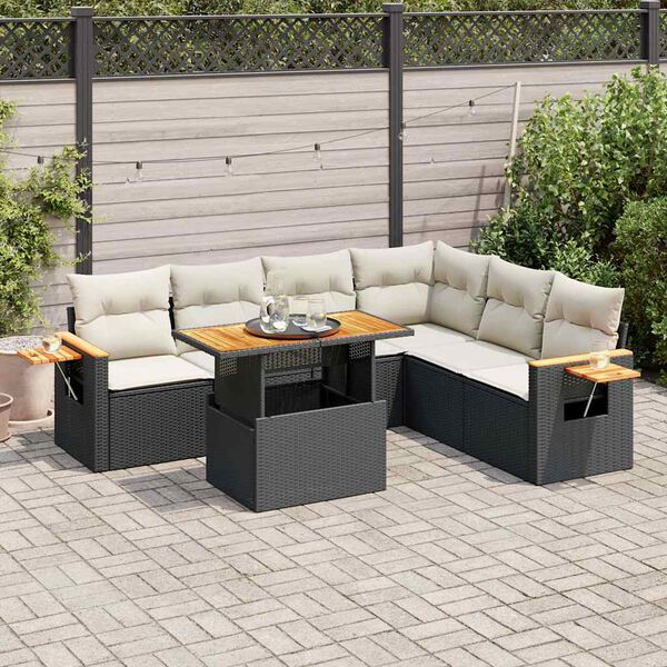 vidaXL 6 Piece Patio Sofa Set with Cushions Black Poly Rattan Acacia