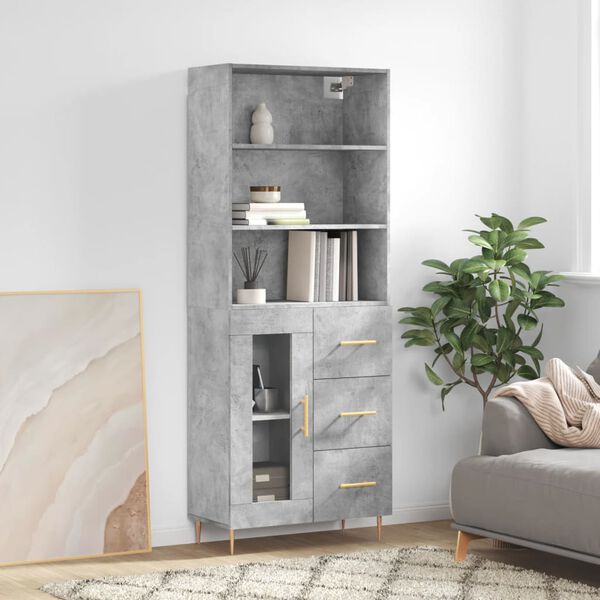 vidaXL Highboard Concrete Grey Engineered Wood, Iron, Glass Extra Tall