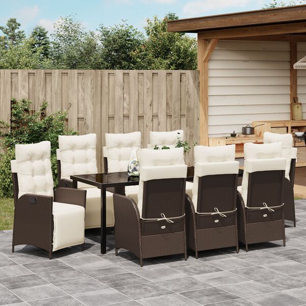 vidaXL Garden Dining Set with Cushion 9 pcs Brown Poly Rattan