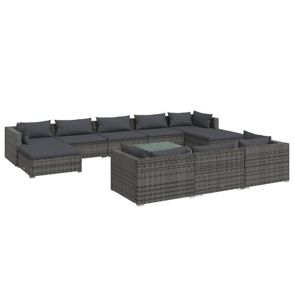 vidaXL Garden Lounge Set Grey PE rattan, powder-coated steel, plastic, glass