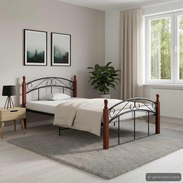 vidaXL Bed Frame Black and natural Powder-coated metal, solid oak wood