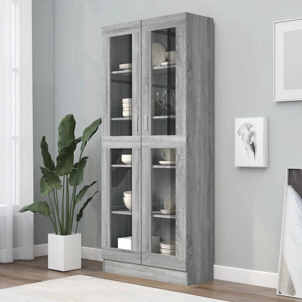 vidaXL Vitrine Cabinet Gray Sonoma Engineered wood, glass Tall