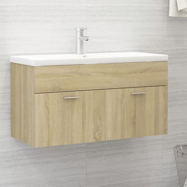 vidaXL Sink Cabinet With Basin Sonoma oak, White Engineered wood, Ceramic