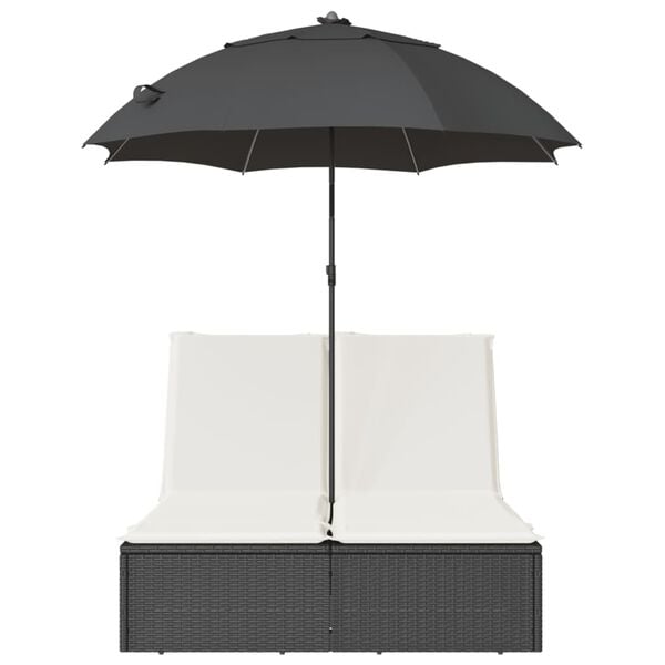 vidaXL Double Sun Lounger with Cushions&Parasol Black Poly Rattan