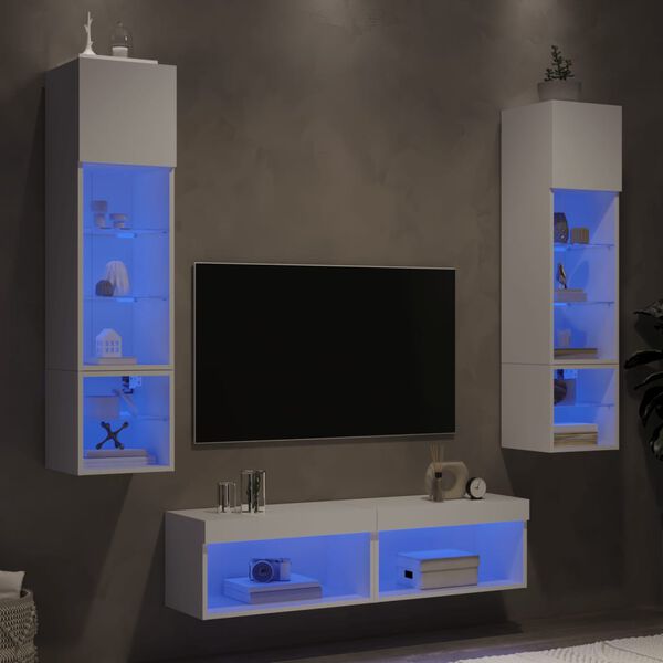 vidaXL TV Wall Unit Set of 6 White Engineered wood and glass Large