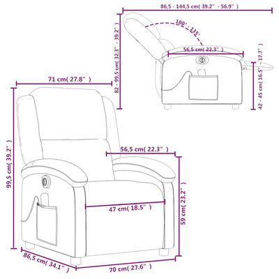 Dimension diagram of the recliner with measurements in cm and inches