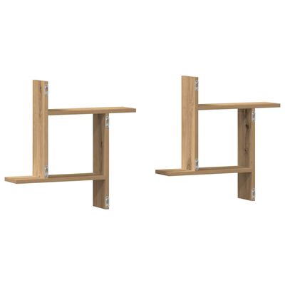 Two wooden wall shelves arranged as a pair with vertical supports and shelves.