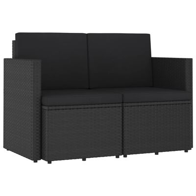 vidaXL 2-Seater Patio Sofa with Cushions Black Poly Rattan