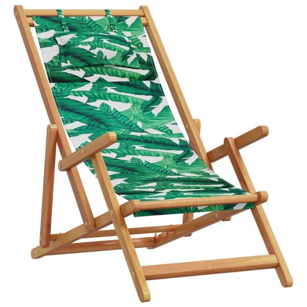 vidaXL Folding Beach Chair Leaf Pattern Solid Wood Eucalyptus and Fabric