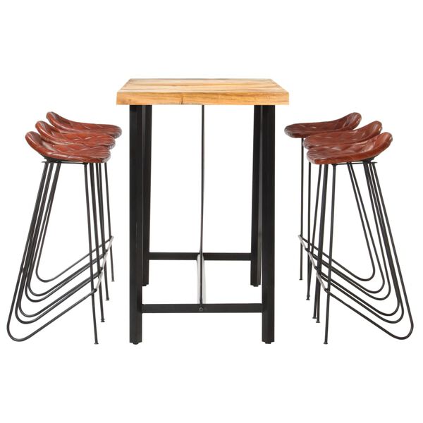 vidaXL 7 Piece Bar Set Solid Wood and Real Leather