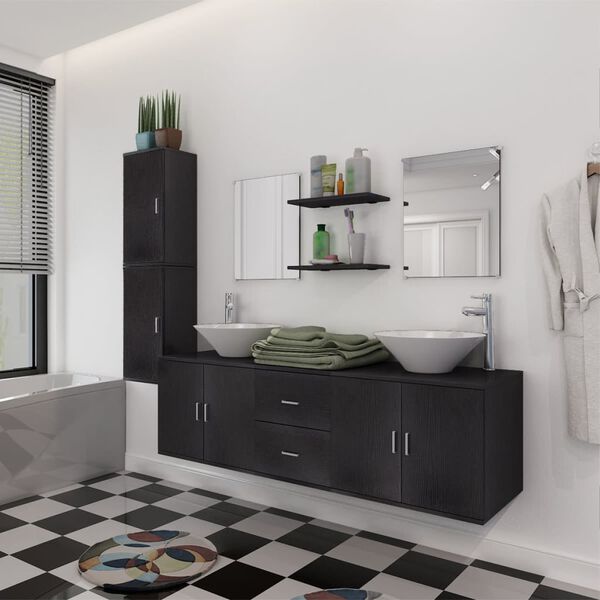 vidaXL Bathroom Cabinet Black Engineered wood and ceramic Large