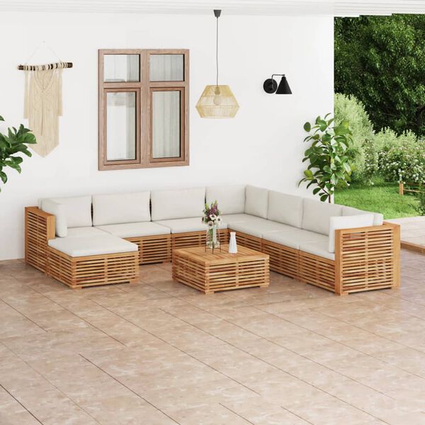 vidaXL 9 Piece Patio Lounge Set with Cream Cushion Solid Teak Wood