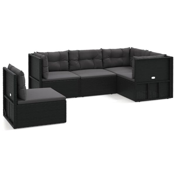 vidaXL Garden Lounge Set Black Poly Rattan 5 Piece Height-Adjustable
