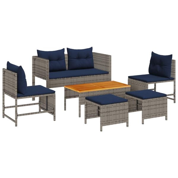 vidaXL Garden Sofa Set 6 pcs Grey and Navy Blue Poly Rattan