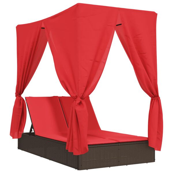 vidaXL Double Patio Sun Lounger with Roof and Curtains Brown Poly Rattan