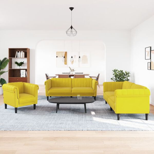 vidaXL Sofa Set Yellow Velvet (100% polyester), Plywood, Solid Wood