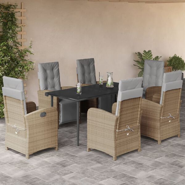 vidaXL 7 Piece Patio Dining Set with Cushions Beige Poly Rattan