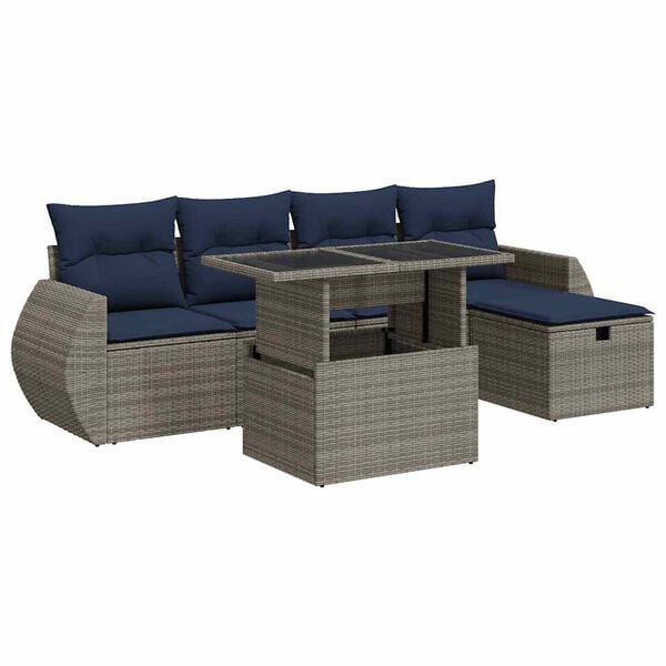 vidaXL 6 Piece Patio Sofa Set with Cushions Grey Poly Rattan Acacia